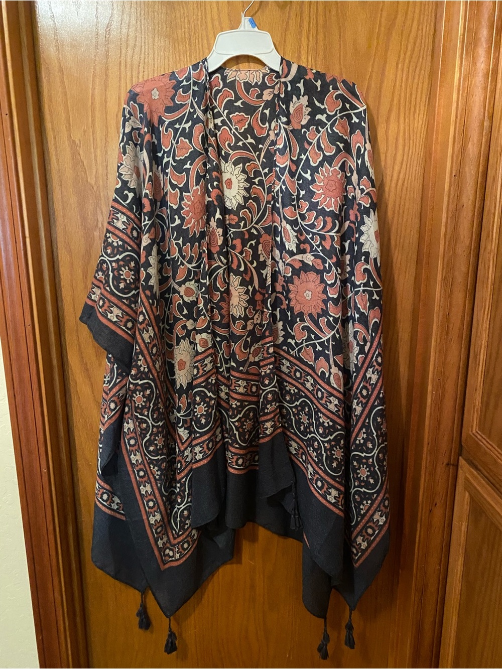 Bohemian Floral Kimono Shawl in Blue and Rust